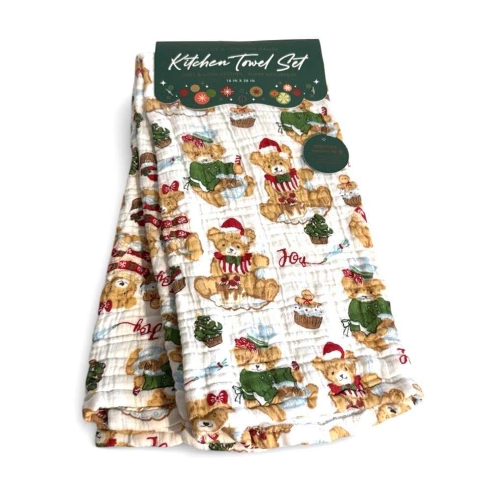 Envogue Christmas Teddy Bears Dish Kitchen Towels 100% Cotton Gauze Set of 2